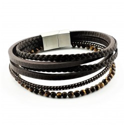 Donkerbruine Leren Armband met Tijgeroog Steen Stijl 6-in-1