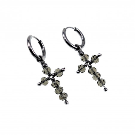 Lange Oorbellen Dames - RVS Oorringen met Grijze Kristallen Kruis