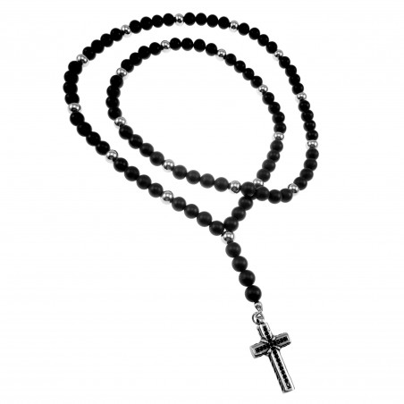 88,5 cm Rozenkrans Heren - 8mm Matte Onyx Ketting met Kruis