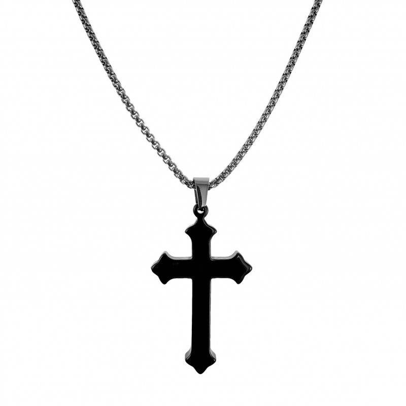 RVS Jasseron-ketting met met Zwart Keramiek Kruishanger - Leliebloem RVS Jasseron-ketting met met Zwart Keramiek Kruishanger - Leliebloem