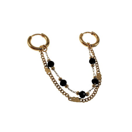 Oorbellen Goud Plated RVS Oorringen met Twee Ketting - Zwart Kristal