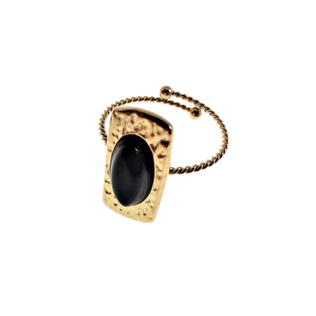 Verstelbaar Ring Dames - Gold Plated RVS Smalle Ring met Zwarte Steen
