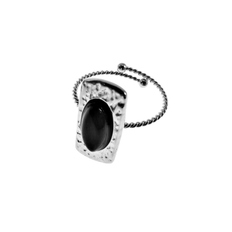 Ring Dames - Plated RVS - Verstelbaar Ring - Smalle Ring met Zwarte Steen - Dottilove