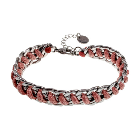 Dames RVS -Brede Cubaanse Schakelsarmband met Roze Koord - Verstelbaar