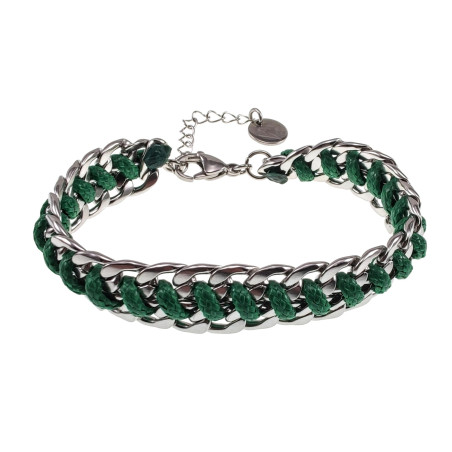 Dames Brede RVS Cubaanse Schakelsarmband met Groene Koord Verstelbaar