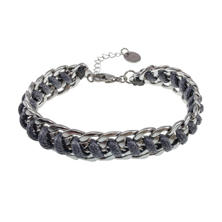 Dames RVS Brede Cubaanse Schakelsarmband met Grijze Koord - Verstelbaar