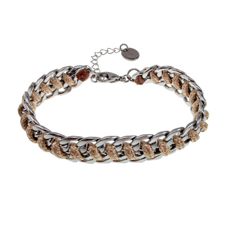 RVS Brede Cubaanse Schakelsarmband met Lichtbeige Koord - Verstelbaar