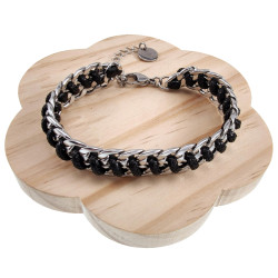 17cm tot 20cm Armband Dames - Zwarte Armband - Gepolijst RVS - Cubaanse Schakelsarmband met Zwart Koord - Verstelbaar