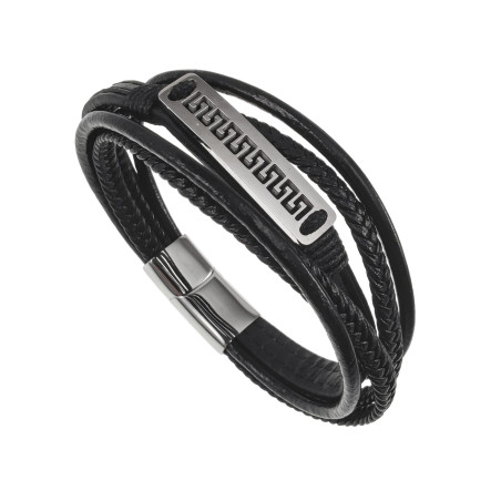 Heren - RVS - Zwart Leren Armband met Griekse Plaat - Multilayer