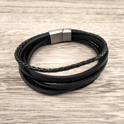 19cm Armband Heren - RVS - Zwart Leren Armband - Multilayer Armband