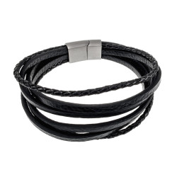 19cm Armband Heren - RVS - Zwart Leren Armband - Multilayer Armband