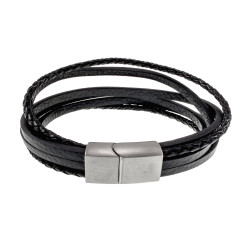 19cm Armband Heren - RVS - Zwart Leren Armband - Multilayer Armband