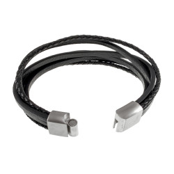 19cm Armband Heren - RVS - Zwart Leren Armband - Multilayer Armband