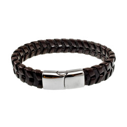 Armband Heren - RVS en Donkerbruin Leer Armband - Gevlochten Armband