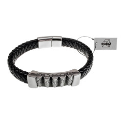 Gevlochten Armband Heren - RVS en Zwarte Leer Armband Kogelplaat
