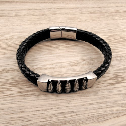 Gevlochten Armband Heren - RVS en Zwarte Leer Armband Kogelplaat