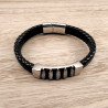 Gevlochten Armband Heren - RVS en Zwarte Leer Armband Kogelplaat