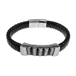 Gevlochten Armband Heren - RVS en Zwarte Leer Armband Kogelplaat