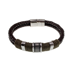 20cm Armband Heren - Zilverkleurig RVS - Donkebruin Leer Armband - Dubbel Gevlochten Armband