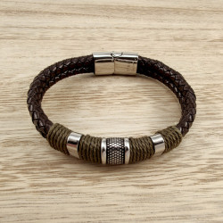 20cm Armband Heren - Zilverkleurig RVS - Donkebruin Leer Armband - Dubbel Gevlochten Armband