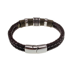 20cm Armband Heren - Zilverkleurig RVS - Donkebruin Leer Armband - Dubbel Gevlochten Armband