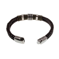 20cm Armband Heren - Zilverkleurig RVS - Donkebruin Leer Armband - Dubbel Gevlochten Armband