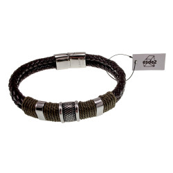 20cm Armband Heren - Zilverkleurig RVS - Donkebruin Leer Armband - Dubbel Gevlochten Armband