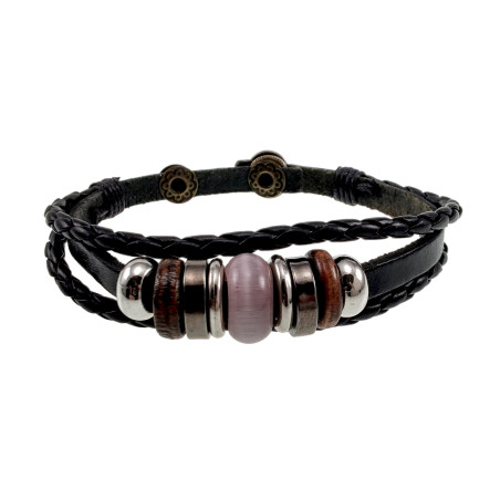 Armband Dames - Driebandige Zwart Leren Armband met Lichtroze Steen