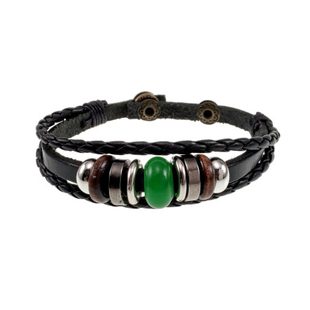 Armband Dames - Driebandige Zwart Leren Armband met Groene Steen