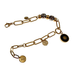 Verguld RVS - Paperclipschakel Armband met Zwarte Murano-Glaskralen
