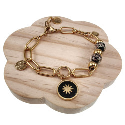 Verguld RVS - Paperclipschakel Armband met Zwarte Murano-Glaskralen