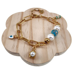 Verguld RVS Paperclipschakel Armband - Schelpparels-Blauwe Murano-Glas