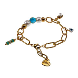Verguld RVS Paperclipschakel Armband - Schelpparels-Blauwe Murano-Glas