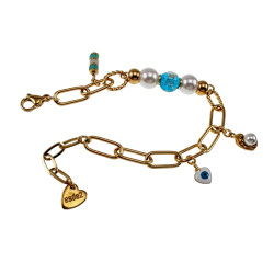 Verguld RVS Paperclipschakel Armband - Schelpparels-Blauwe Murano-Glas
