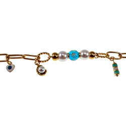 Verguld RVS Paperclipschakel Armband - Schelpparels-Blauwe Murano-Glas