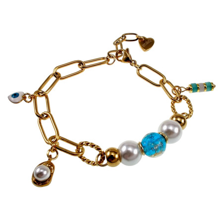 Verguld RVS Paperclipschakel Armband - Schelpparels-Blauwe Murano-Glas