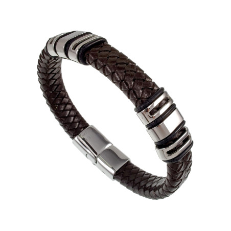 Donkerbruine Gevlochten Leren Armband met Decoratieve RVS-Stukken