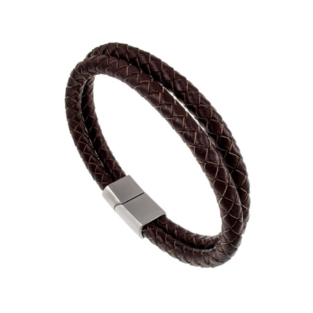 Donkerbruine Dubbel Gevlochten Leren Armband RVS-Magnetische Sluiting