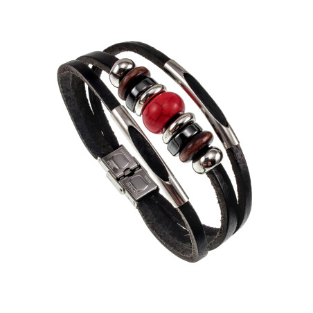18cm Armband Unisex - RVS en Drie Banden Leren Armband met Rode Steen