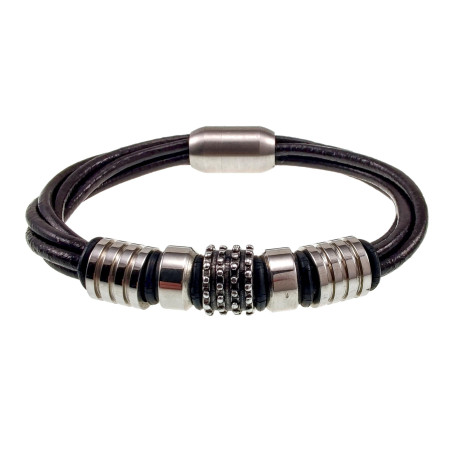 RVS - Donkerbruin Leer met Vijf Ronde Banden Armband met RVS Elementen