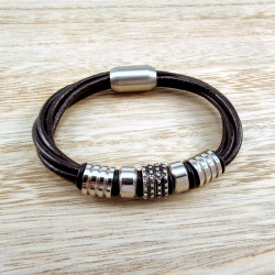 18cm Armband Heren - Donkerbruin Leren Armband met Vijf Ronde Banden - RVS en Leer Armband met RVS Elementen