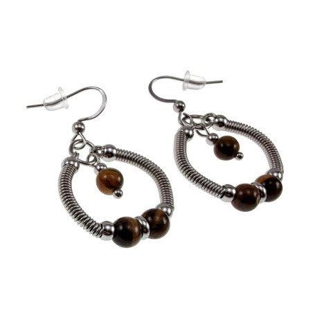 Lange Haak-Oorbellen Dames - RVS Oorbellen met Tijgeroogstene