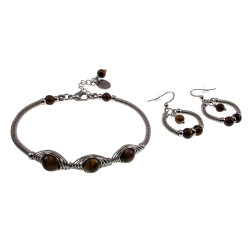 17 tot 19cm Armband Dames - RVS Zilverkleur - Coiling-Visgraat Design - Armband met Tijgeroogstenen - Verstelbaar