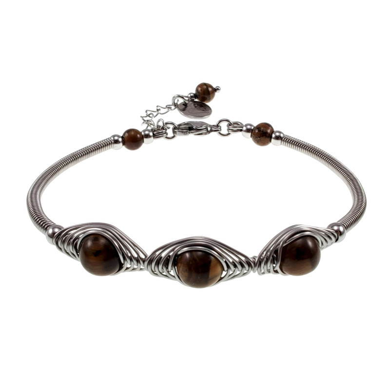 17 tot 19cm Armband Dames - RVS Zilverkleur - Coiling-Visgraat Design - Armband met Tijgeroogstenen - Verstelbaar