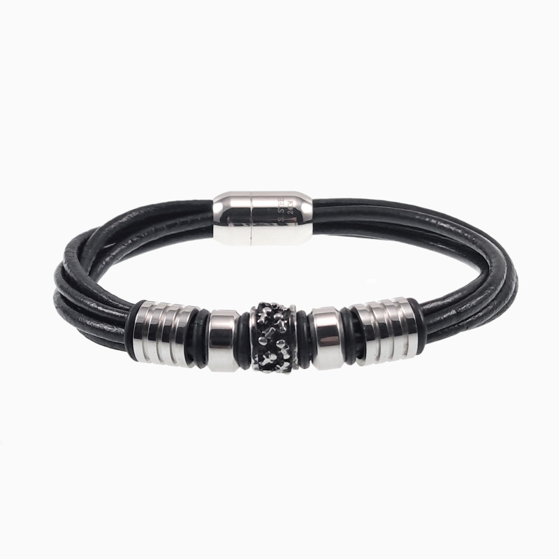 19cm Armband Heren - Leren Armband met Vijf Ronde Banden - RVS en Leer Armband met Schedels