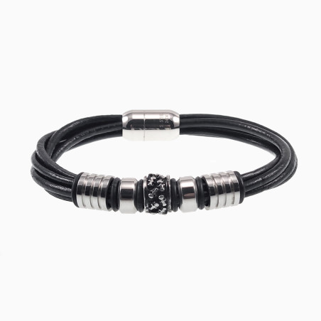 Vijf Ronde Banden Armband Heren - RVS en Leer Armband met Schedels