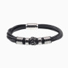 19cm Armband Heren - Leren Armband met Vijf Ronde Banden - RVS en Leer Armband met Schedels