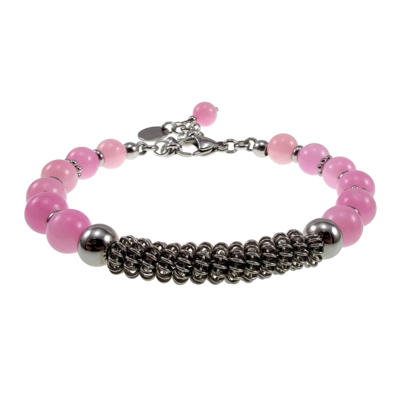 Dames RVS - Roze Jadesteen Armband met RVS Coiling Desing Verstelbaar Dames RVS - Roze Jadesteen Armband met RVS Coiling Desing Verstelbaar