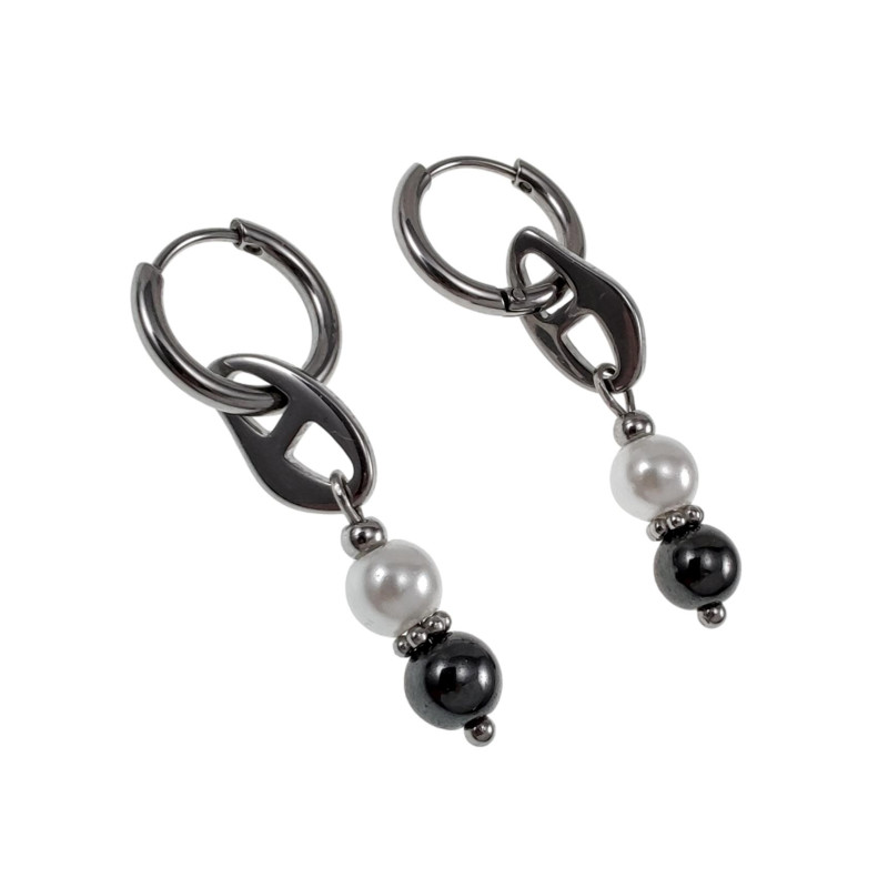 Lange Oorbellen RVS Oorringen met Hematietsteen en Schelpparel Hanger Lange Oorbellen RVS Oorringen met Hematietsteen en Schelpparel Hanger