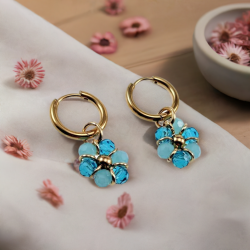 ∅14mm x 2mm Oorringen Dames - Verguld RVS - Turkooisblauwe Gefacetteerde Kristallen Bloem Hanger - Bungelende Oorbellen